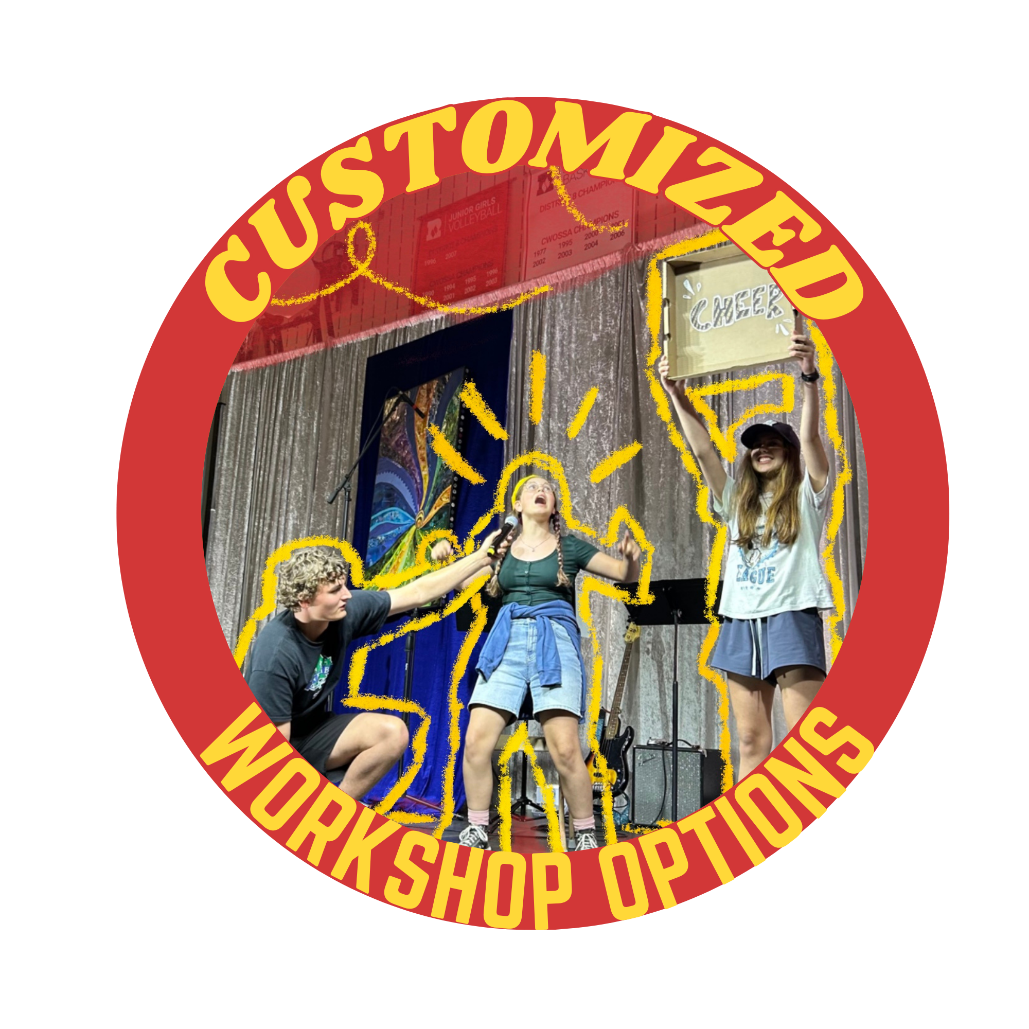 Customized Theatre Workshop Options - depicts youth on a stage, one holds a microphone to another  who is wearing a crown, someone else holds a sign that reads "cheer"