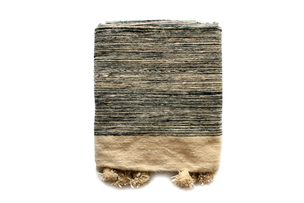 Moroccan Wool Pompom Blanket _ Black & Cream Melange_Medium