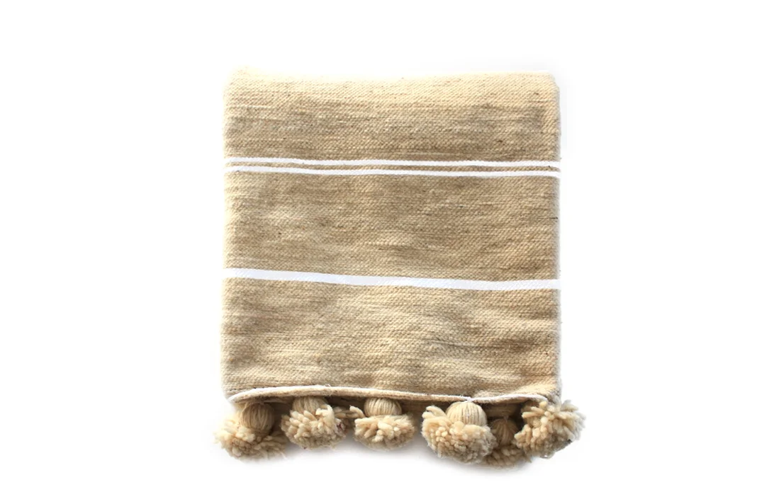 Moroccan Wool Pompom Blanket _White & Cream_Small