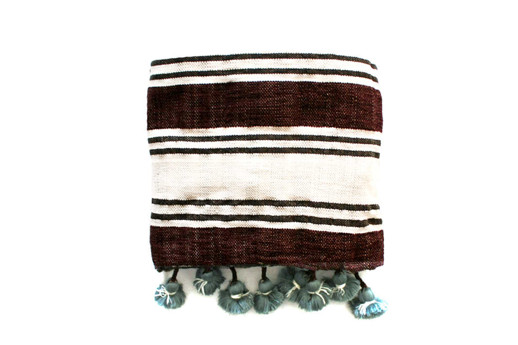 Moroccan Cotton Pompom Blanket _ Brown & White (Aque Blue Pompom)