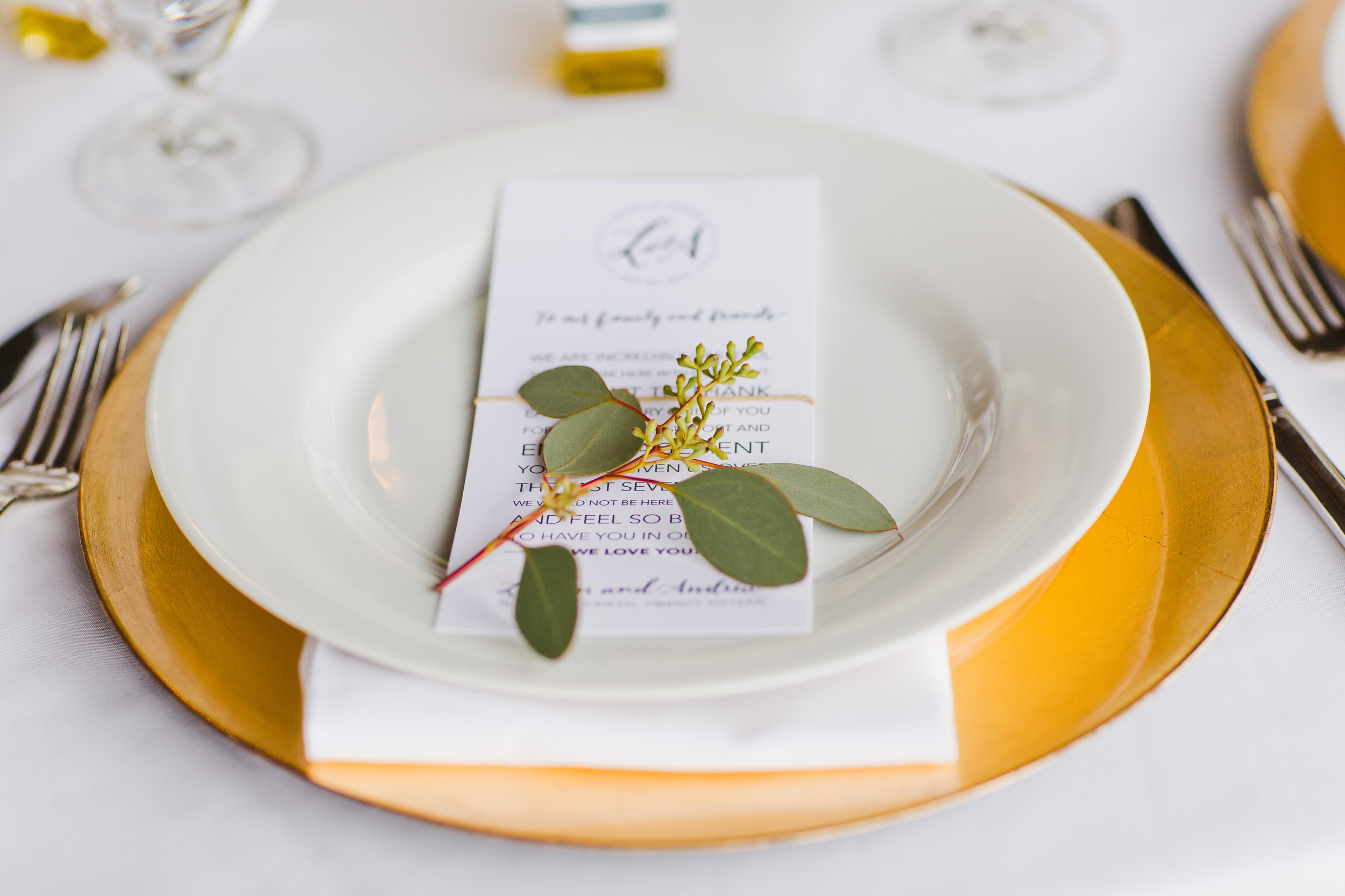 Eucalyptus Place Setting | Wedding Place Setting | Gold Charger | Asgari Photography | Swans Trail Snohomish Wedding | Snohomish Wedding Planner | Seattle Wedding Planner