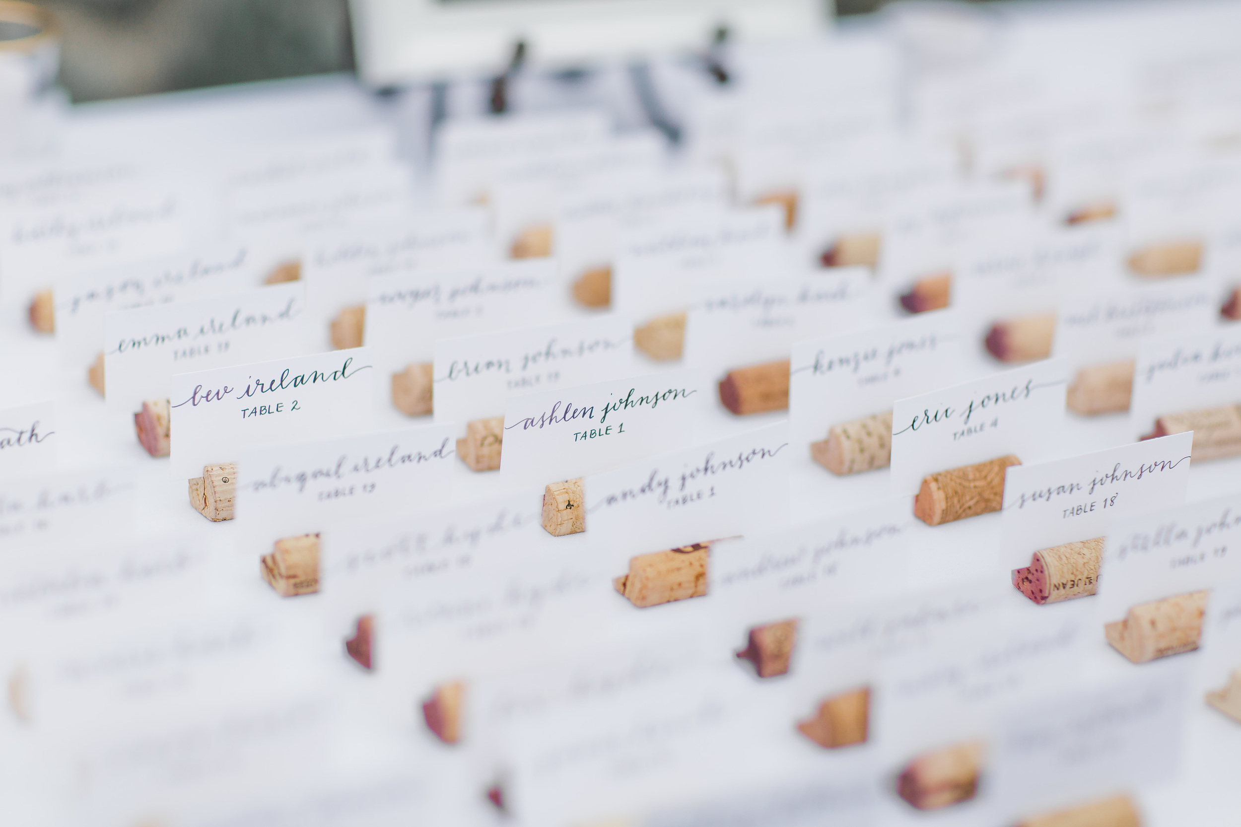 Calligraphy Escort Cards | Cork Escort Cards | Place Cards | Asgari Photography | Swans Trail Wedding Snohomish | Snohomish Wedding Planner | Seattle Wedding Planner