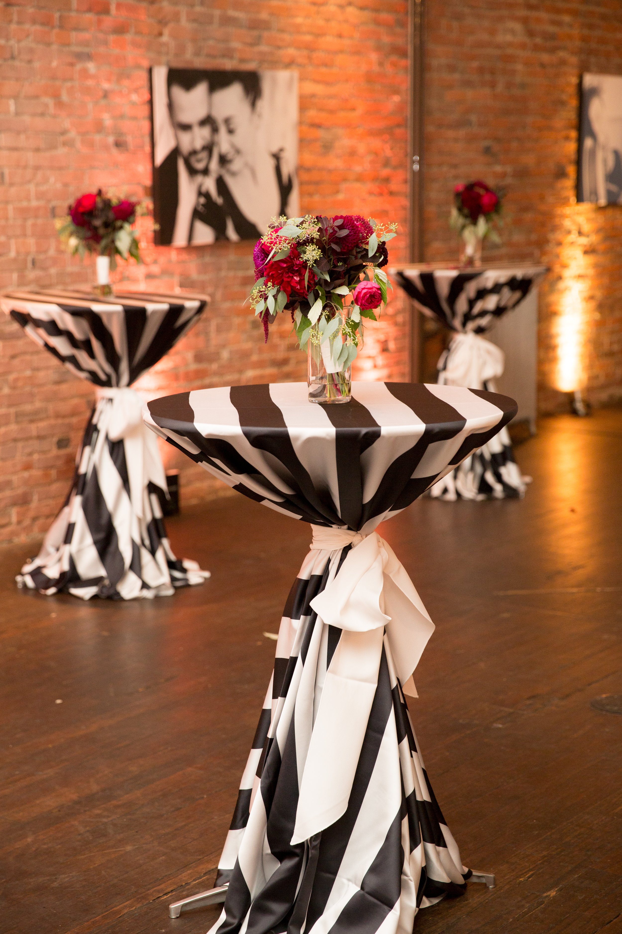 Black and White Cocktail Table Linens | Burgundy Bouquet | Axis Pioneer Square Wedding | Angela and Evan Photography | Seattle Wedding Planner