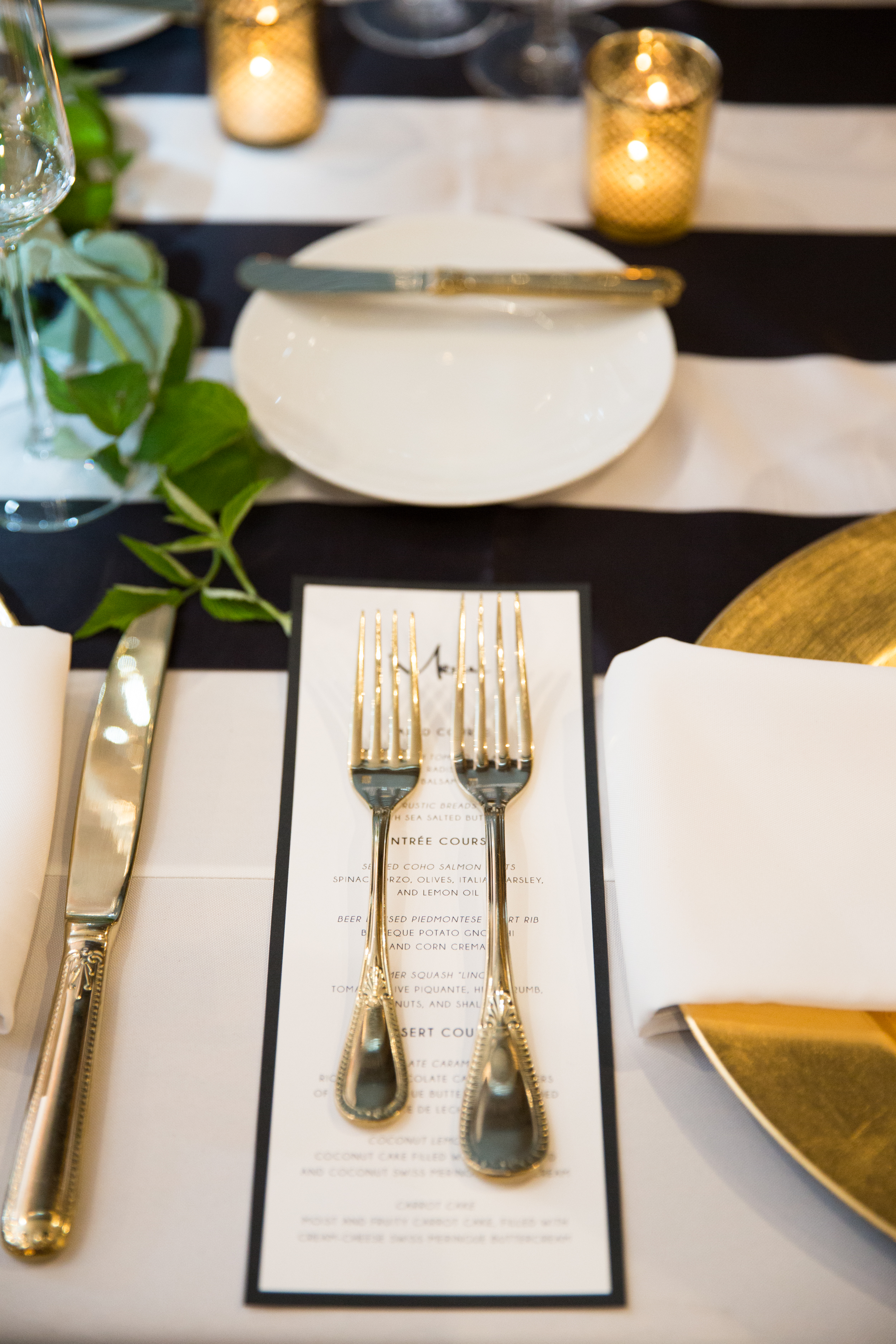 Gold Wedding Silverware | Gold Utensils | Black White and Gold Wedding | Axis Pioneer Square Wedding | Angela and Evan Photography | Seattle Wedding Planner