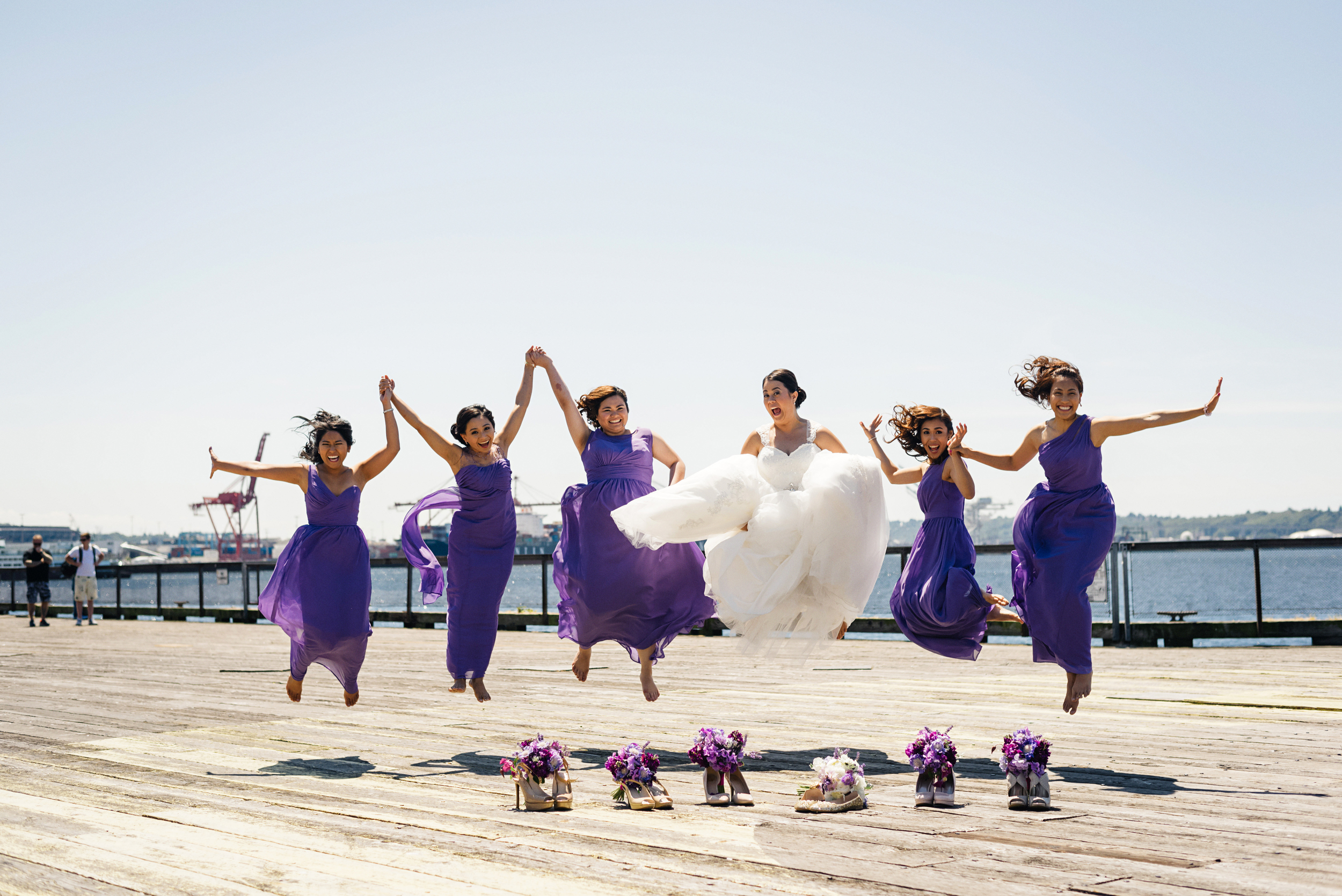 Purple Bridesmaids Dresses | Bridesmaids Jumping Photo | Joe and Patience Photography | Filipino Wedding Planner | Seattle Wedding Planner | Ballard Bay Club Wedding