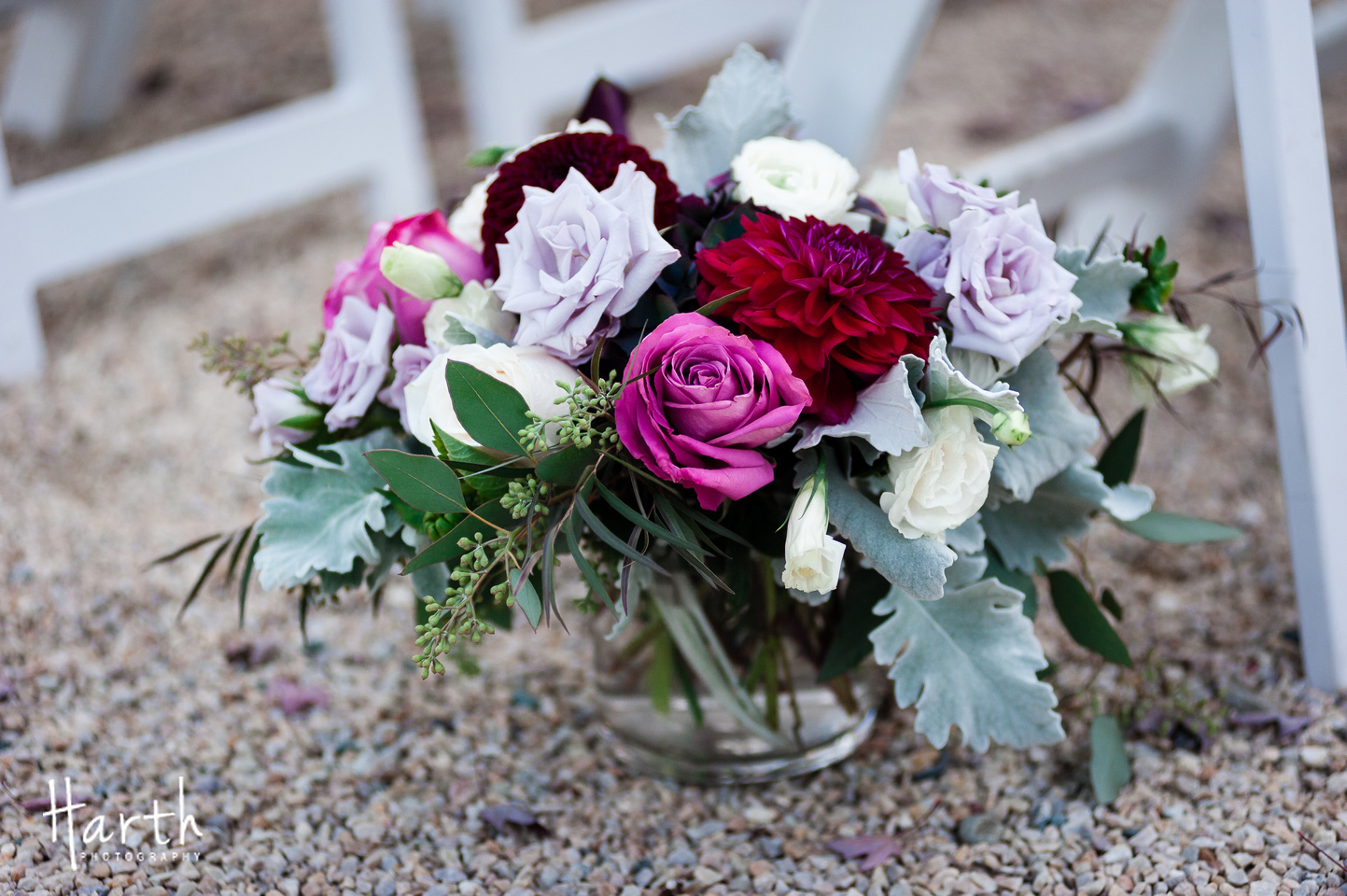 Purple Ivory and Red Wedding Arrangement at Novelty Hill Januik Winery Wedding