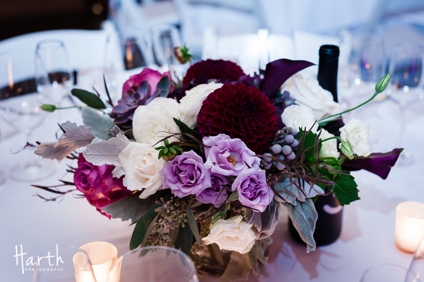 Purple Burgundy and Ivory Wedding Centerpiece for Fall Wedding at Novelty Hill Januik Winery