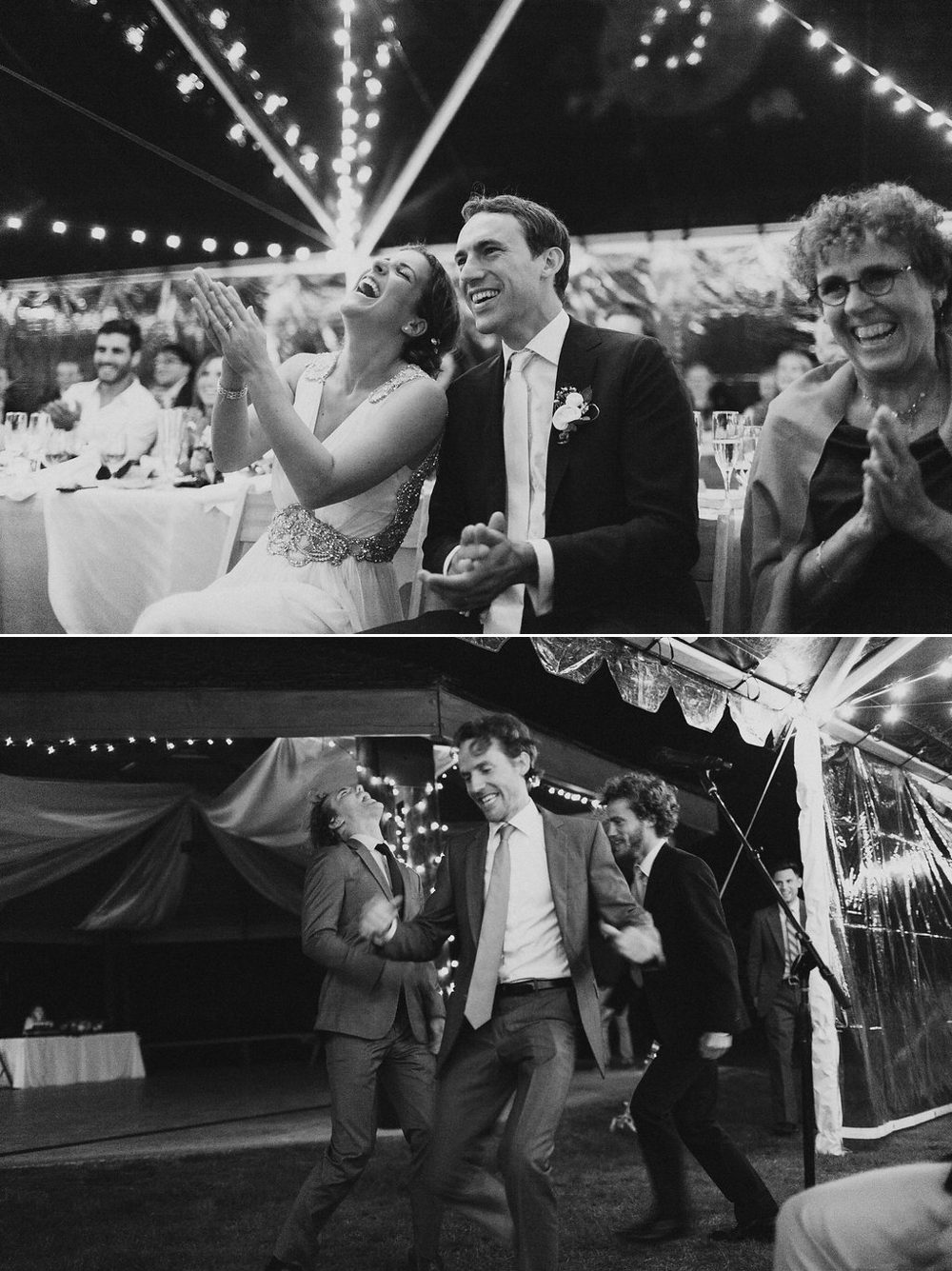 Bride and Groom Laughing at their Reception at Jewish Camp Wedding