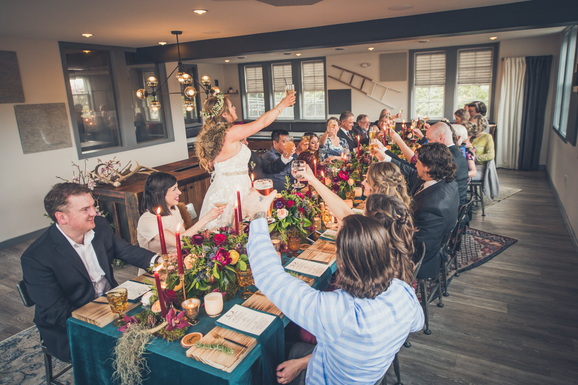 Bride Toasting her guests at this intimate gorgeous elopement in Seattle