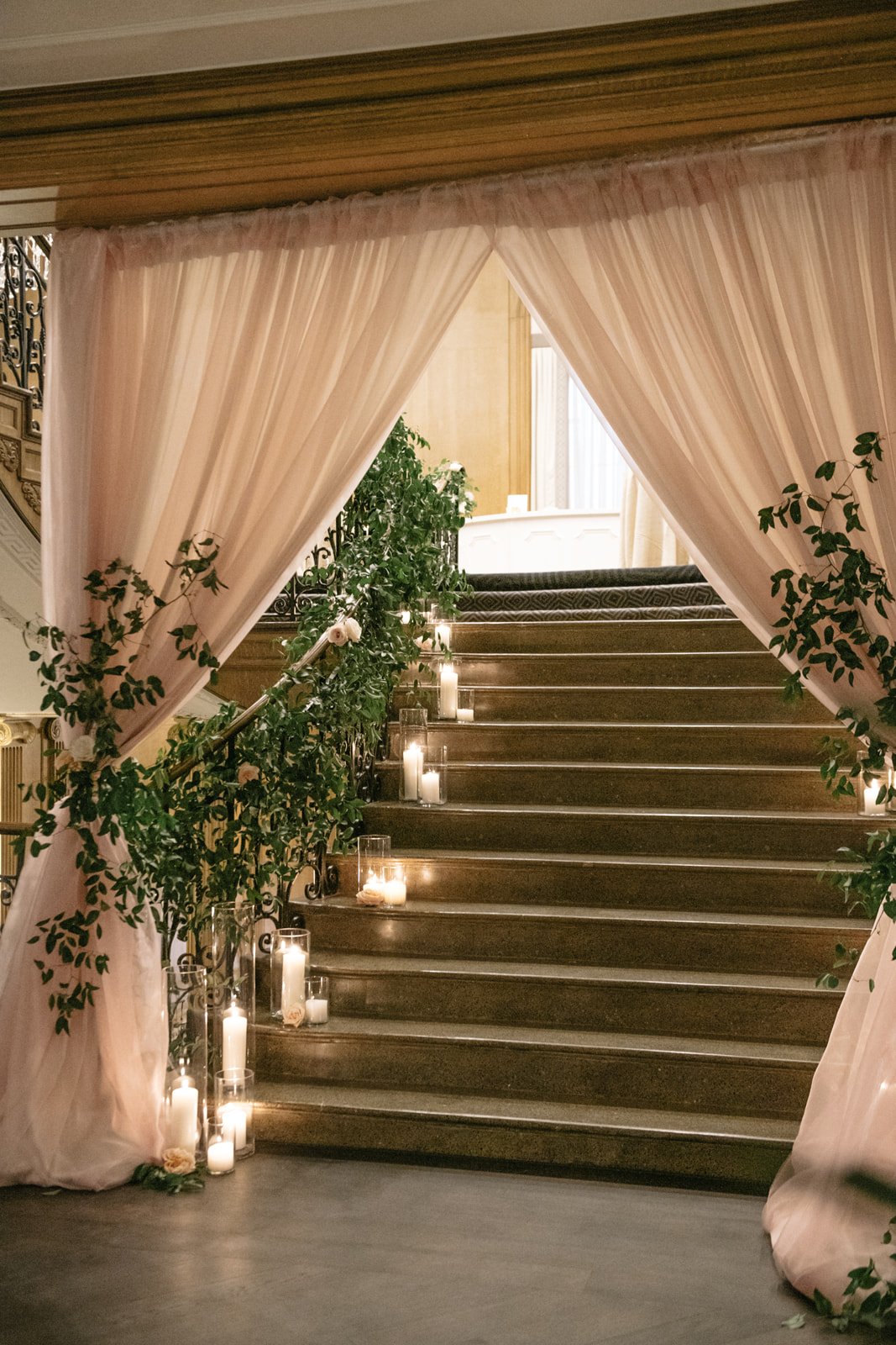 Staircase Ballroom Draping &amp; Staircase Candles at Fairmont Olympic Wedding