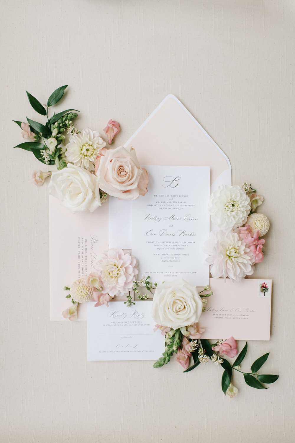 Elegant Blush and White Wedding Invitation Suite