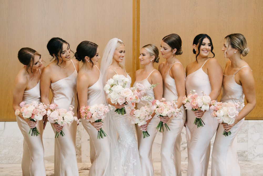 Light Blush Satin Bridesmaids Dresses &amp; Blush and White Bridesmaids Bouquets 