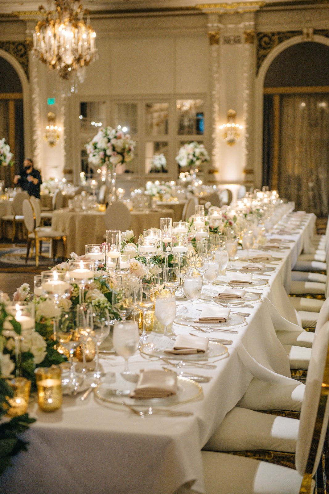 Elegant Blush, White and Green Ballroom Wedding Reception at the Fairmont Olympic Hotel