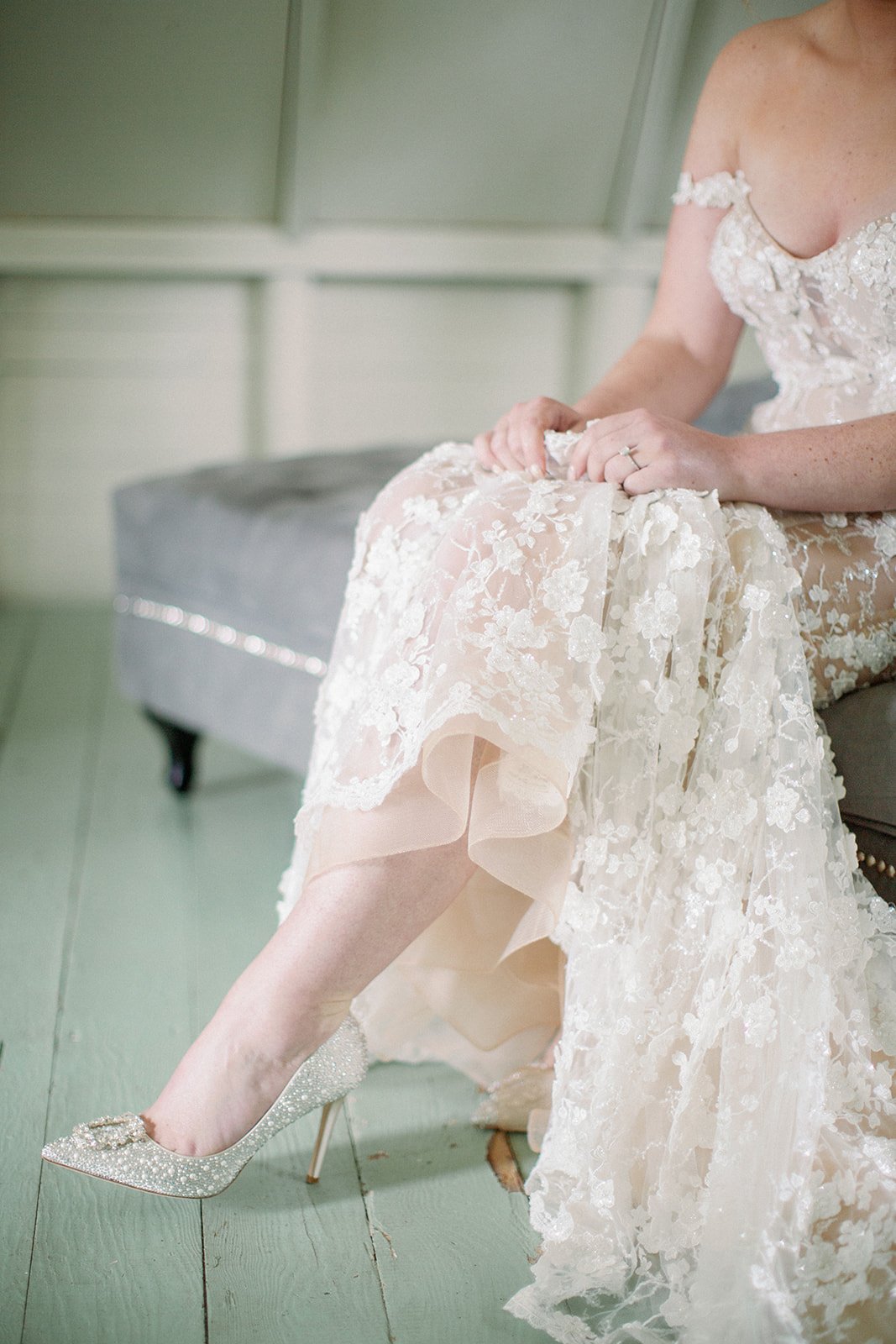 Jimmy Choo sparkle wedding shoes with lace gown