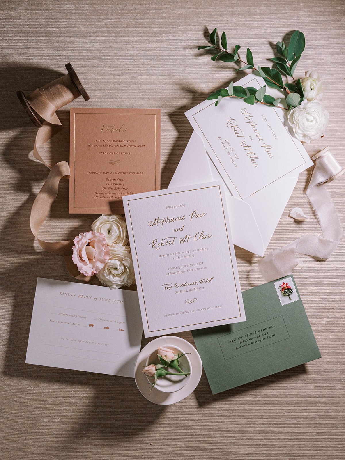 Wedding Invitation Suite in Peach, Ivory &amp; Green at Woodmark Hotel Wedding