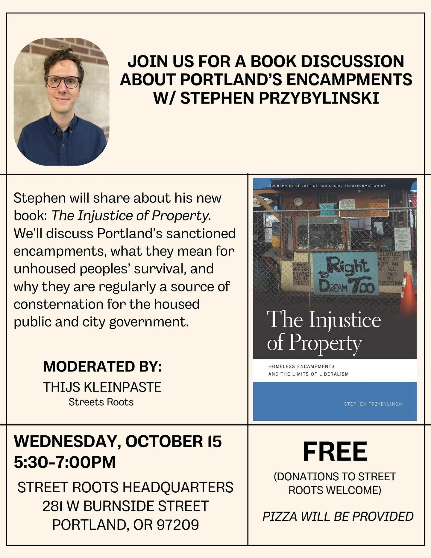 📣FREE book talk event!📖 What can be learned from the ways Portland&rsquo;s houseless communities navigate and organize within our systems of private property? 

Street Roots and Street Books invite you to join us on Wednesday, Oct. 15 for a convers