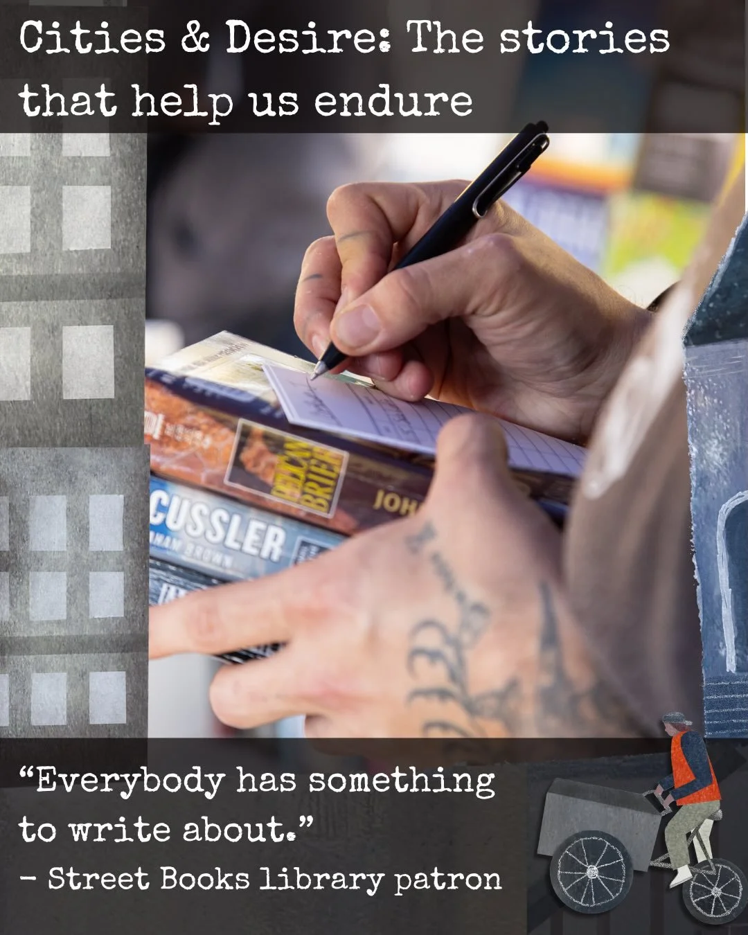 📖What are the stories that give us strength when times are hard?
&nbsp;&ldquo;I read about ten books a week,&rdquo; &ldquo;Reading keeps me out of trouble.&rdquo; &ndash;Street Books library patrons

Street Books nurtures our city&rsquo;s collective