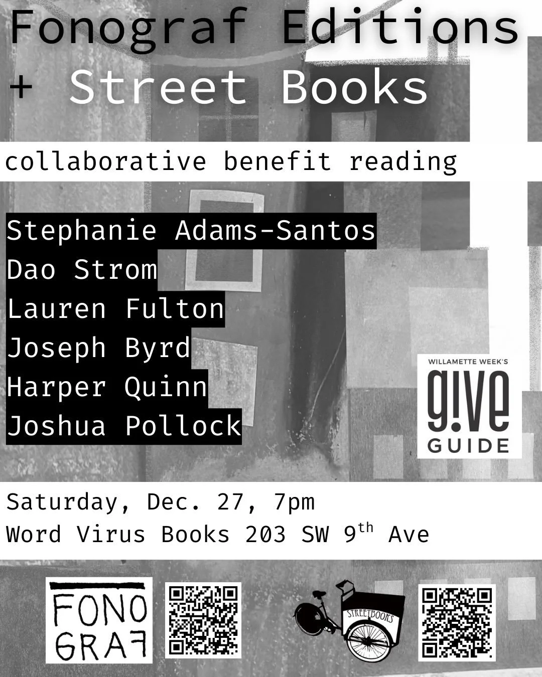 ❄️Join Street Books and Fonograf Editions for a special collaborative benefit reading, Saturday 12/27 at Word Virus Books 203 SW 9th Ave, starting at 7pm! 

📚Readers include @herandthesea @rhetorical_saboteur @hquinnifer @seppilintu Stephanie Adams-