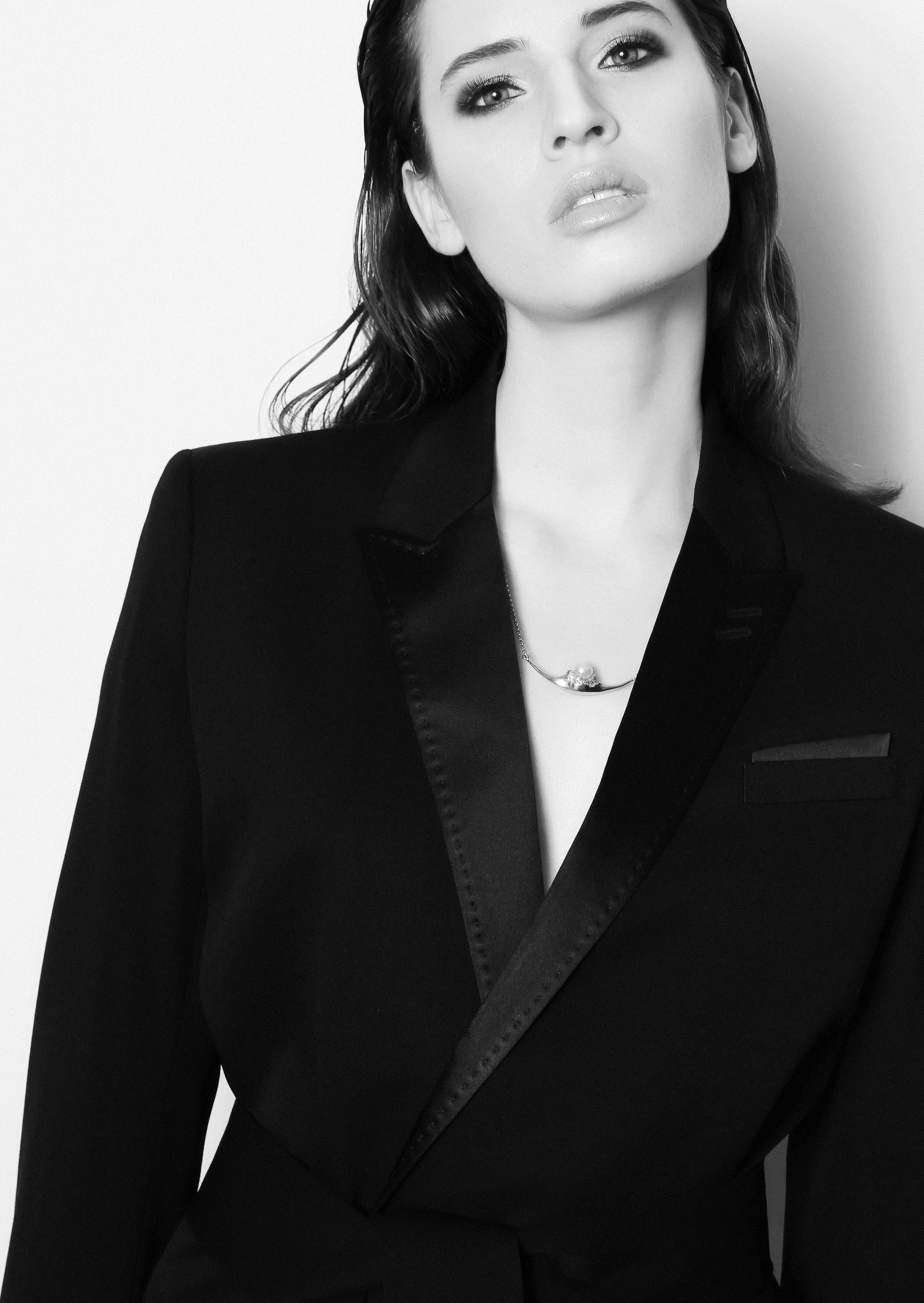 Pants, vintage Celine, hat, stylist's own, belted suit jacket with satin details, the Kooples, necklace, Antipearle