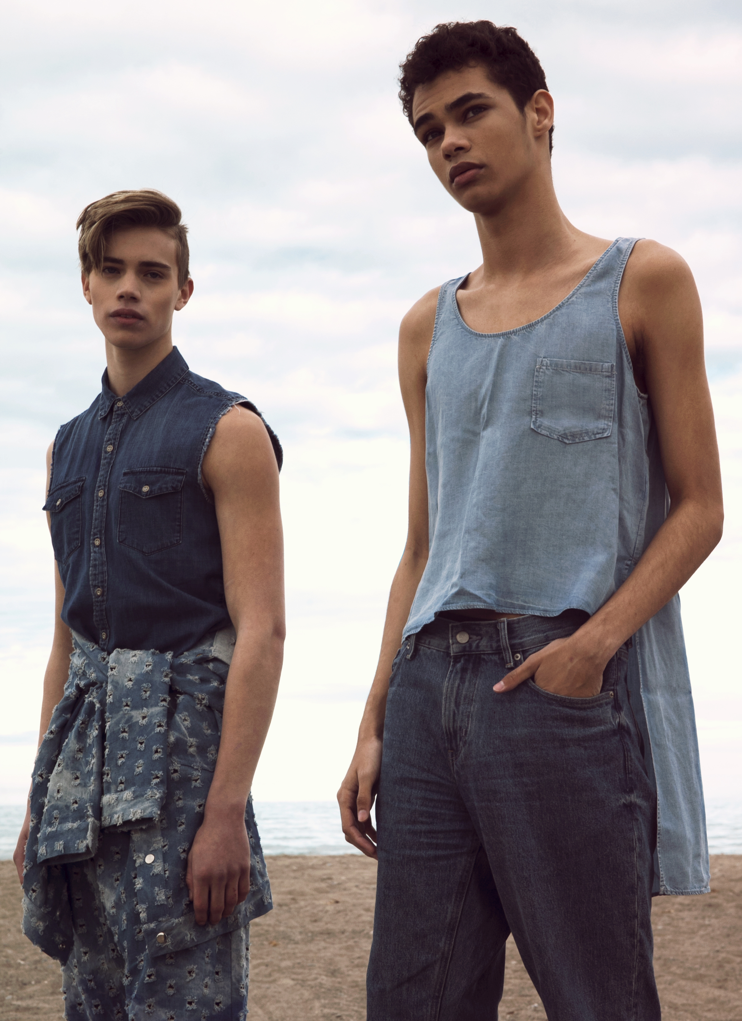 On Tannor: denim shirt DIESEL, denim jacket and trousers ANDREW COIMBRA On Ty: denim tank DIESEL, jeans ACNE