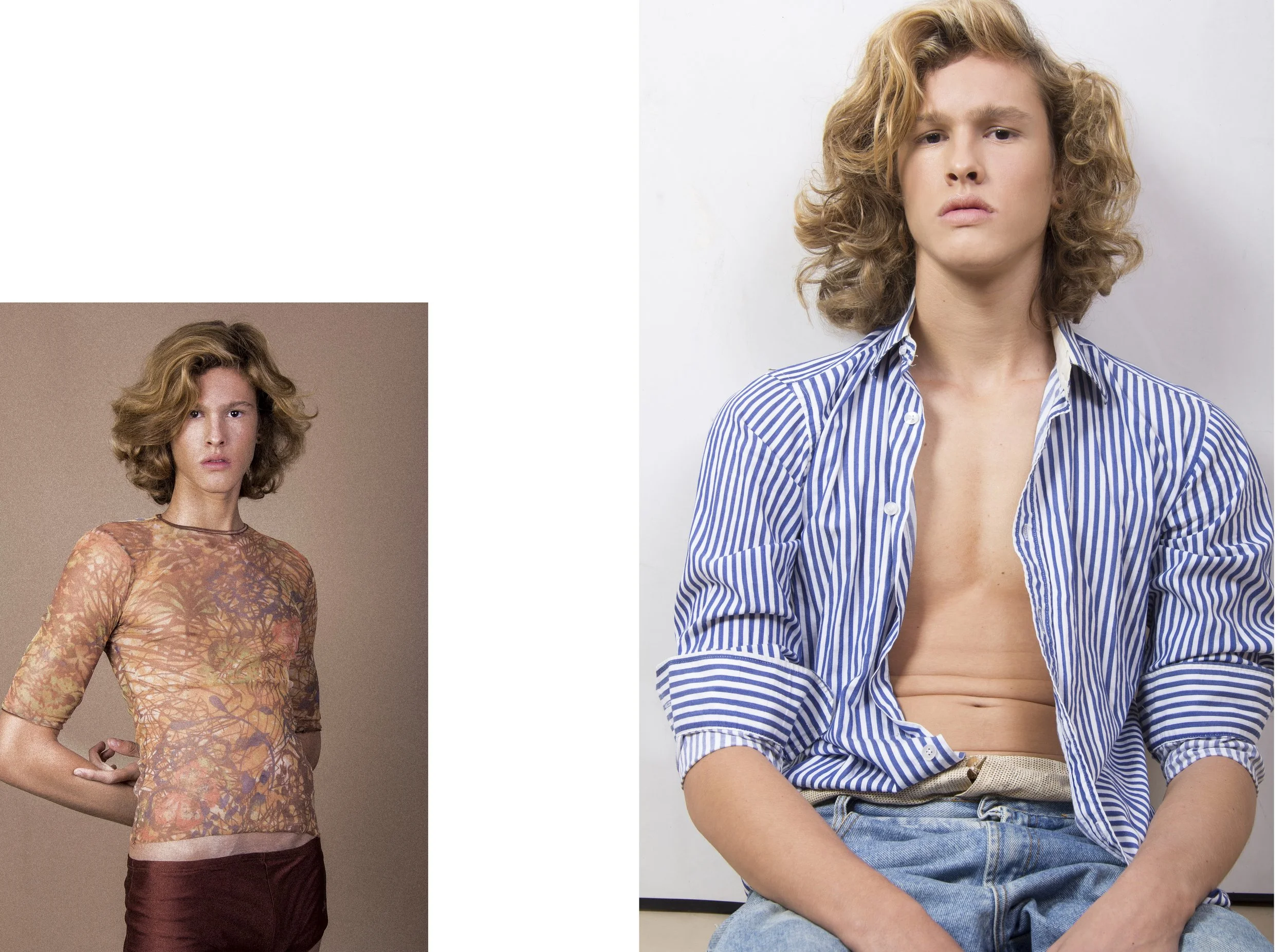 Esquerda: Cueca marrom Lanvin, blusa transparente acervo. Direita: Camisa listrada C&A, calça jens acervo, cueca Lupo.