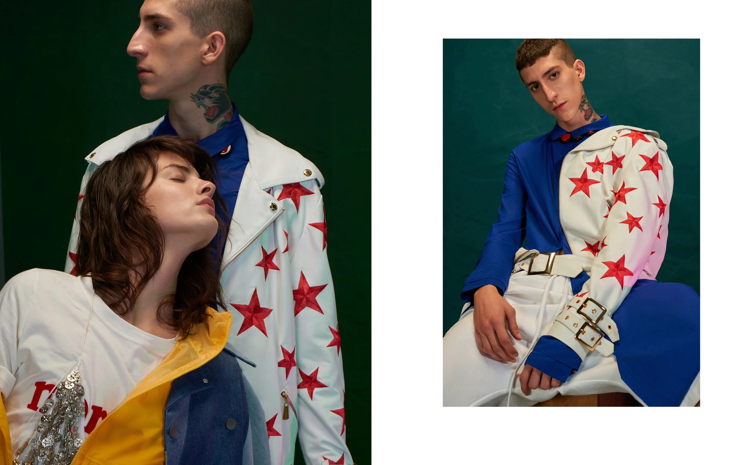Rick usa Camisa Mara Mac, Bermuda Vitorino Campos, Jaqueta de couro Juliana Jabour e colar Abi Project + Pat Pat's Rebeca veste Camiseta Tova, Vestido longo de seda Helo Rocha, Casaco jeans Santista e Capa amarela Cotton Project.