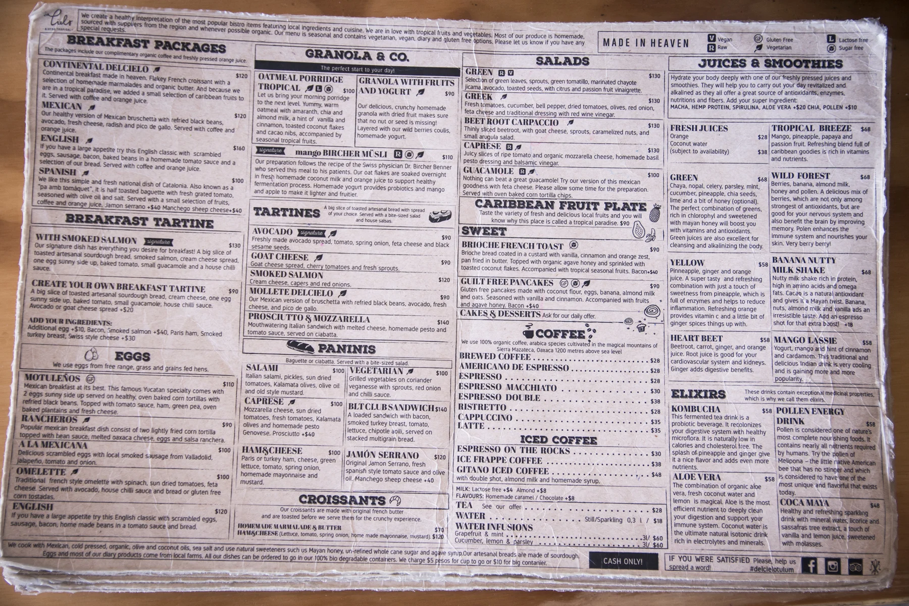 Menu at De Cielo