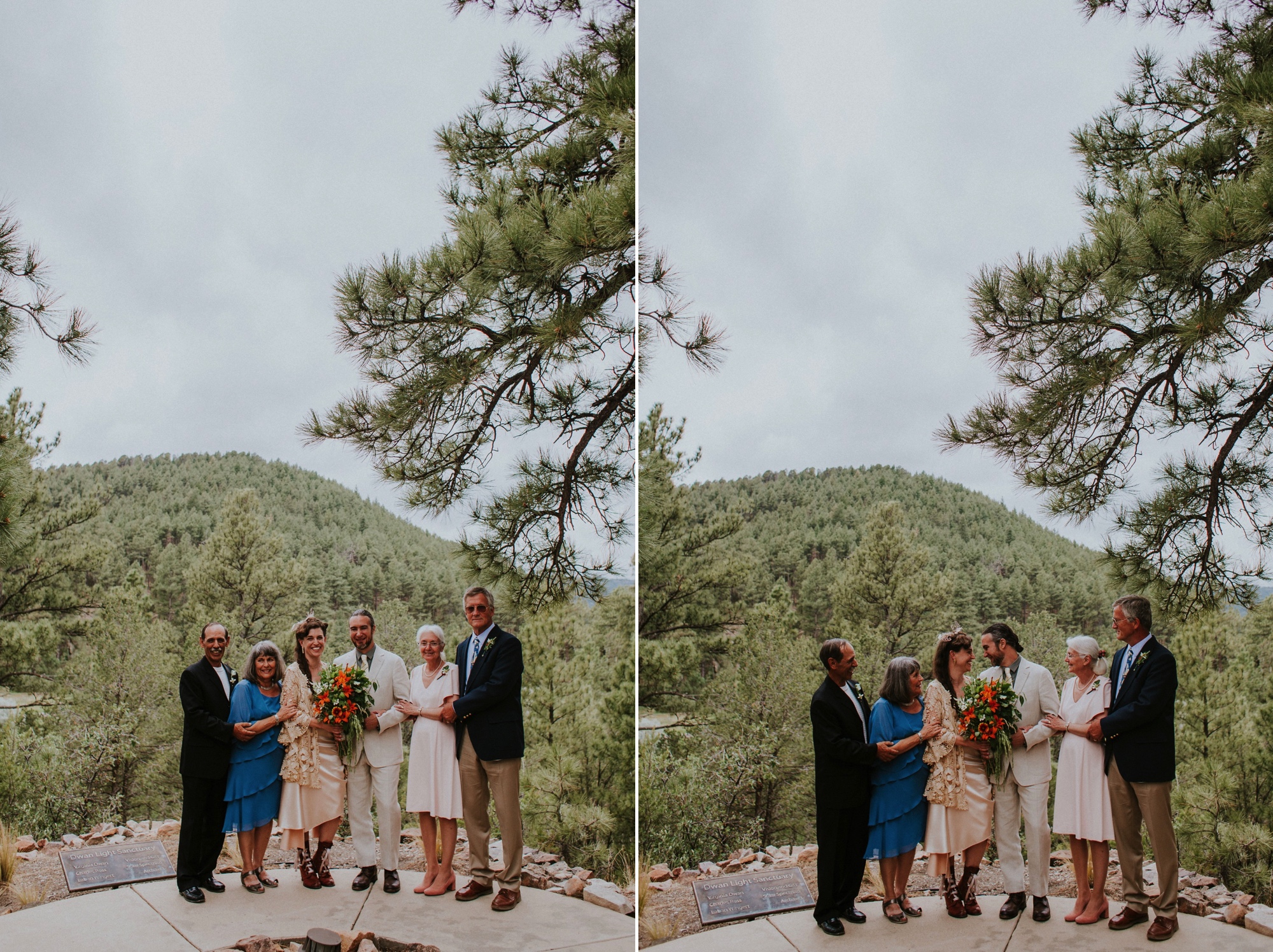  The dress theme for the whole wedding celebration was rainbows - their guests dressed in one color head to toe as part of the theme. The wedding reception at the ranch was near the orchard by the acequia, and was lit by candles and solar lights prim