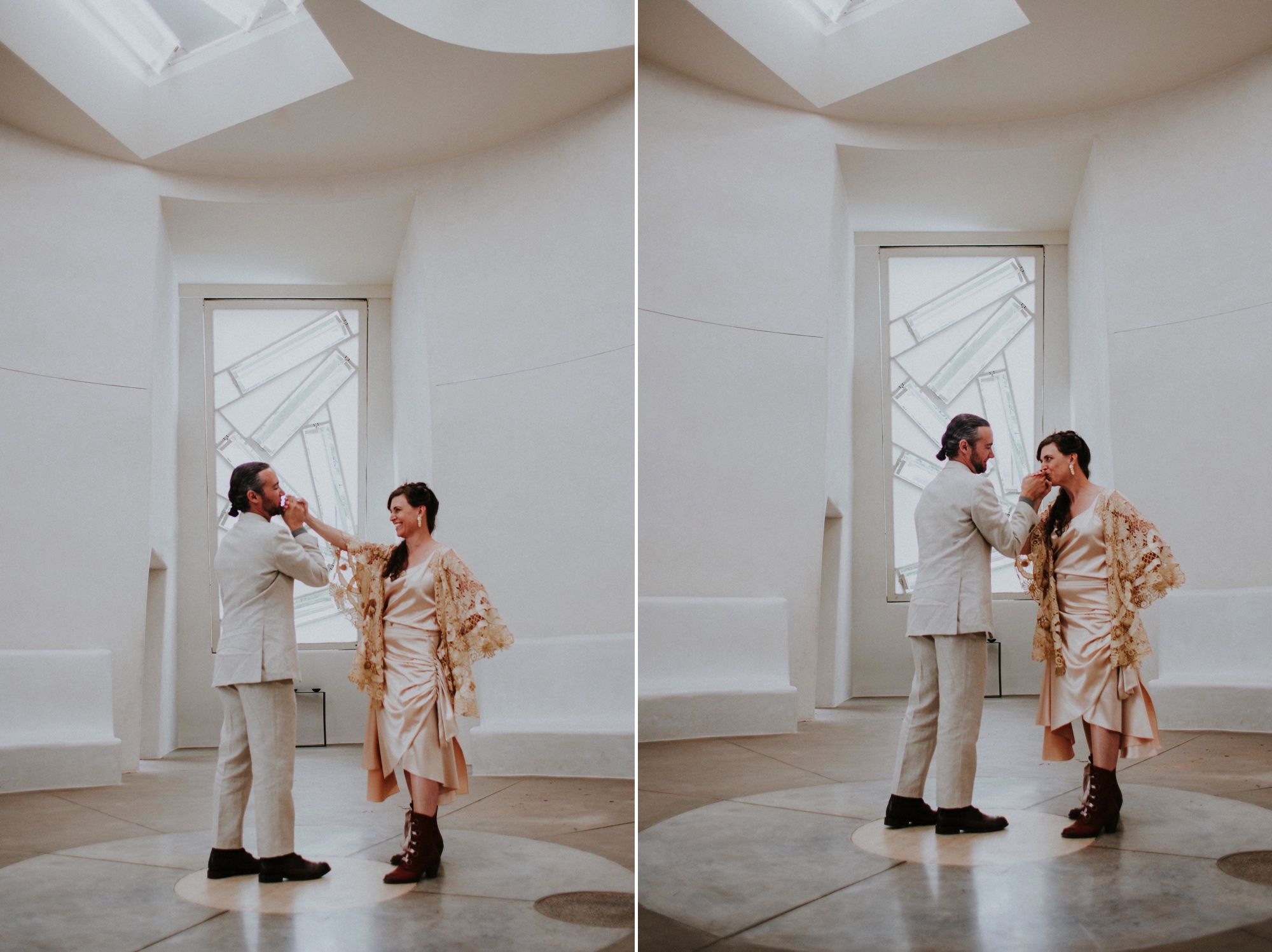  The dress theme for the whole wedding celebration was rainbows - their guests dressed in one color head to toe as part of the theme. The wedding reception at the ranch was near the orchard by the acequia, and was lit by candles and solar lights prim