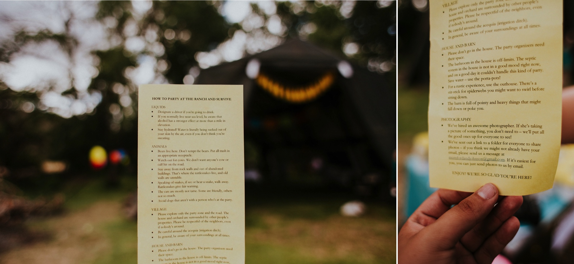  The dress theme for the whole wedding celebration was rainbows - their guests dressed in one color head to toe as part of the theme. The wedding reception at the ranch was near the orchard by the acequia, and was lit by candles and solar lights prim