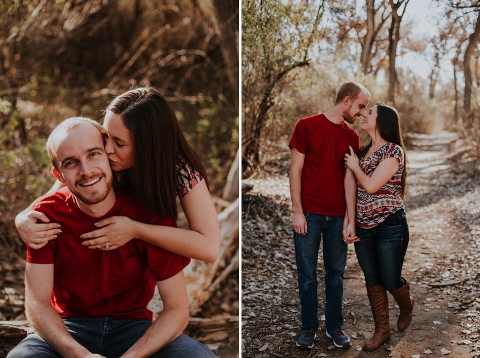  We met up again in Albuquerque, New Mexico and ventured to the Albuquerque bosque to take some fall inspired engagement photos. I loved the warm color palette they chose for their attire for this part of the session! We also had to take some cute en