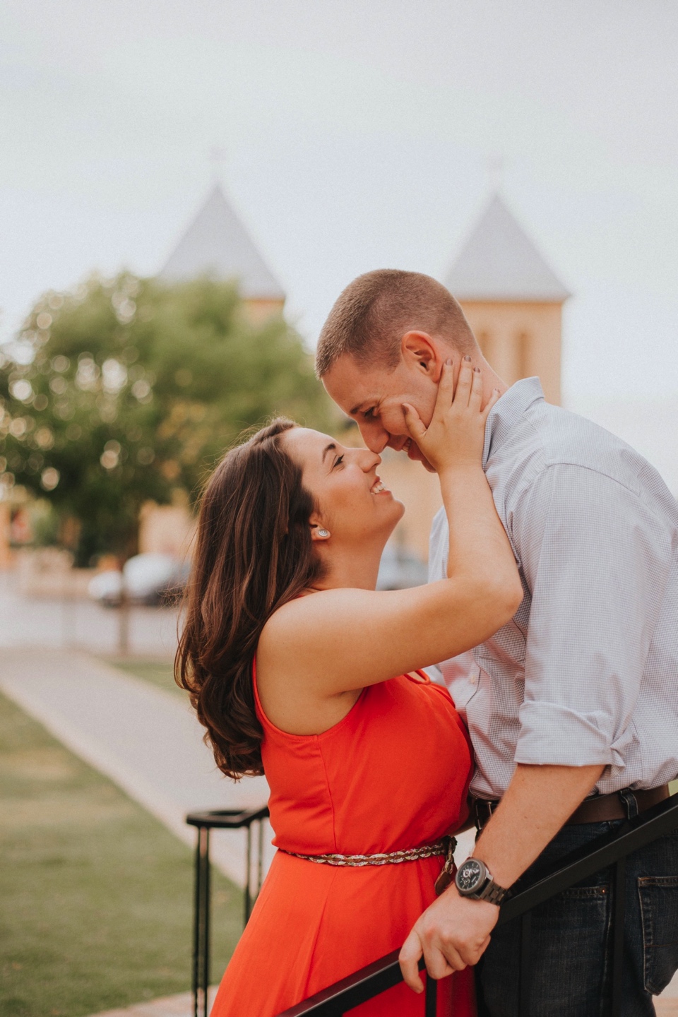  I loved Kristina’s beautiful pink dress and Mitch’s rustic yet classy outfit. Talk about engagement photo inspiration! We then traveled to Mesilla, New Mexico to capture their love fest in the La Plaza de Mesilla as well as in front of the Basilica 