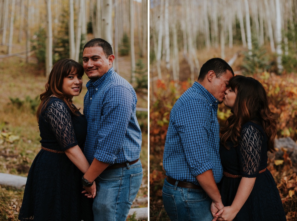  Suzie and Cruz chose the perfect fall engagement outfits for their Santa Fe engagement photos. You can never go wrong with cute brown boots and a blue lace dress! Cruz completed the rustic engagement look with a blue checkered button up and jeans. I