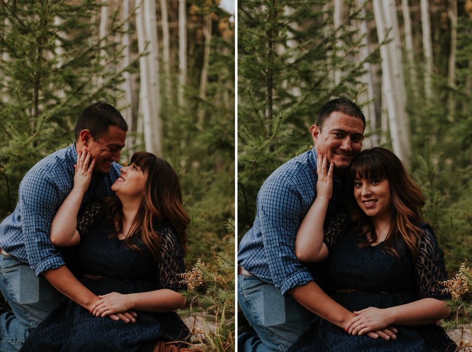  Suzie and Cruz chose the perfect fall engagement outfits for their Santa Fe engagement photos. You can never go wrong with cute brown boots and a blue lace dress! Cruz completed the rustic engagement look with a blue checkered button up and jeans. I