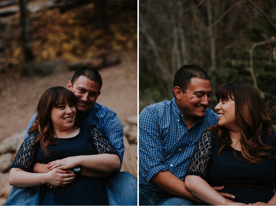  Suzie and Cruz chose the perfect fall engagement outfits for their Santa Fe engagement photos. You can never go wrong with cute brown boots and a blue lace dress! Cruz completed the rustic engagement look with a blue checkered button up and jeans. I