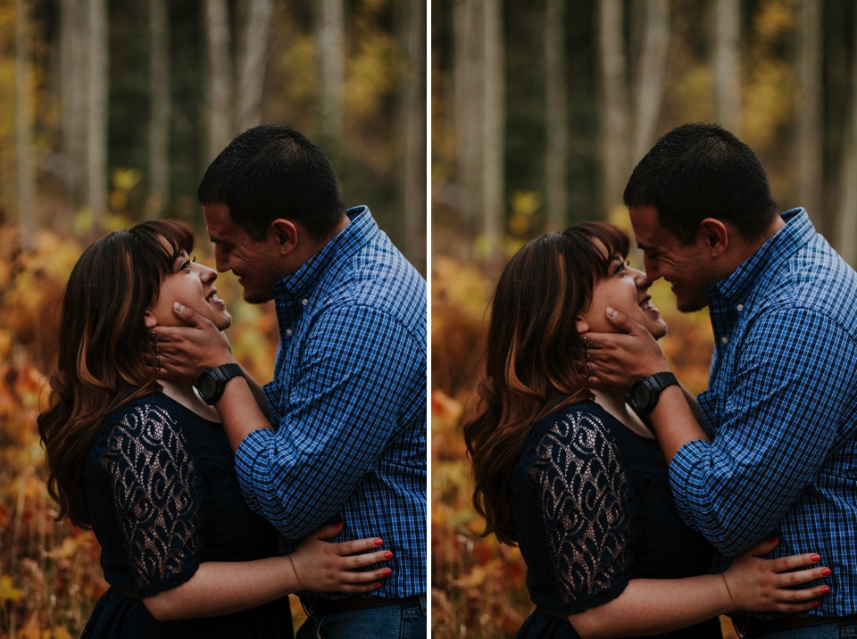  Suzie and Cruz chose the perfect fall engagement outfits for their Santa Fe engagement photos. You can never go wrong with cute brown boots and a blue lace dress! Cruz completed the rustic engagement look with a blue checkered button up and jeans. I