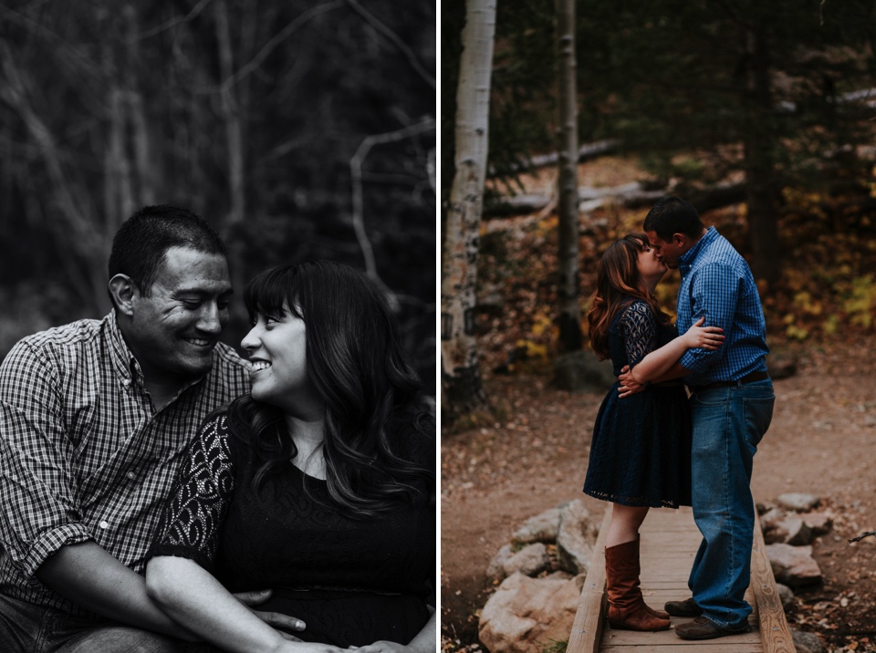  Suzie and Cruz chose the perfect fall engagement outfits for their Santa Fe engagement photos. You can never go wrong with cute brown boots and a blue lace dress! Cruz completed the rustic engagement look with a blue checkered button up and jeans. I