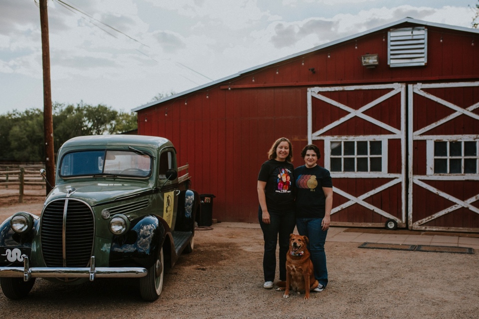  Ryan and Erica’s LGBTQ+ engagement photos at Old Town Farm in Albuquerque, New Mexico are a MUST SEE! Their engagement photos include rocking plaid shirts and converse sneakers, their sweet fur baby, Riley (aka Rileypoo), as well as their love for S