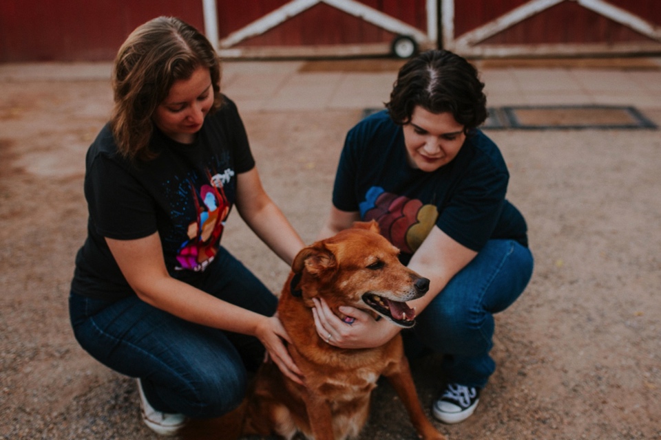  Ryan and Erica’s LGBTQ+ engagement photos at Old Town Farm in Albuquerque, New Mexico are a MUST SEE! Their engagement photos include rocking plaid shirts and converse sneakers, their sweet fur baby, Riley (aka Rileypoo), as well as their love for S