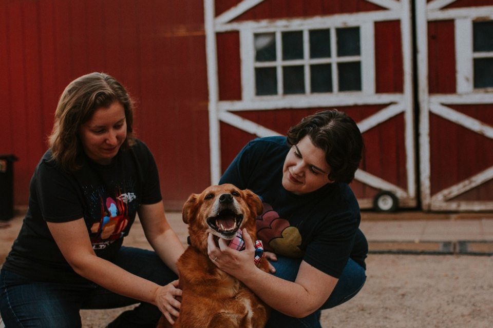  Ryan and Erica’s LGBTQ+ engagement photos at Old Town Farm in Albuquerque, New Mexico are a MUST SEE! Their engagement photos include rocking plaid shirts and converse sneakers, their sweet fur baby, Riley (aka Rileypoo), as well as their love for S