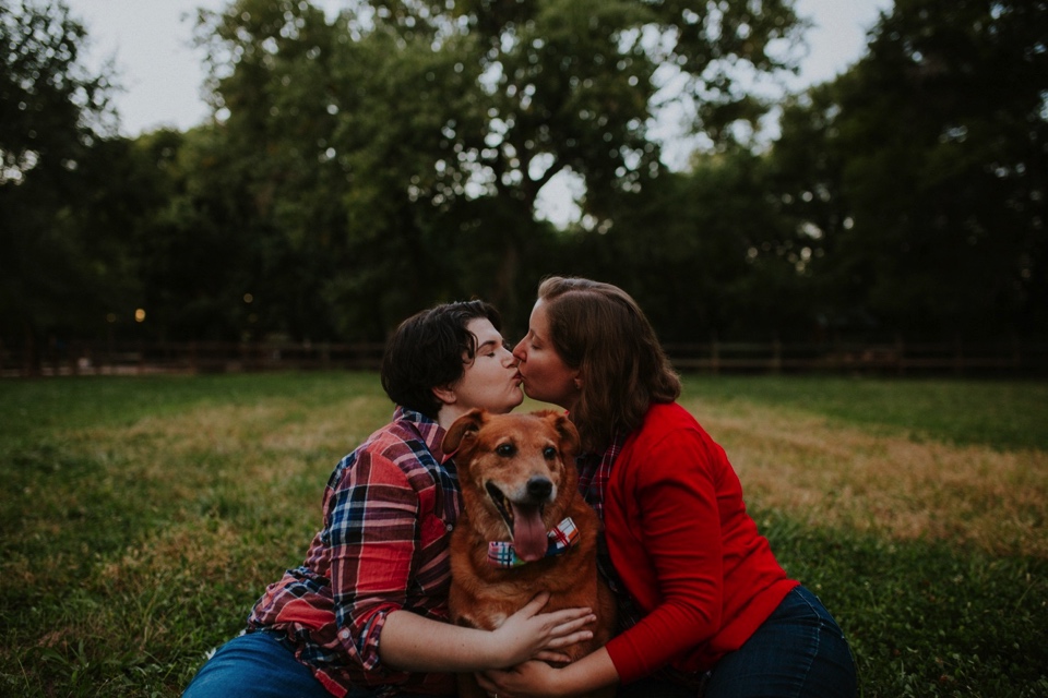  Ryan and Erica’s LGBTQ+ engagement photos at Old Town Farm in Albuquerque, New Mexico are a MUST SEE! Their engagement photos include rocking plaid shirts and converse sneakers, their sweet fur baby, Riley (aka Rileypoo), as well as their love for S