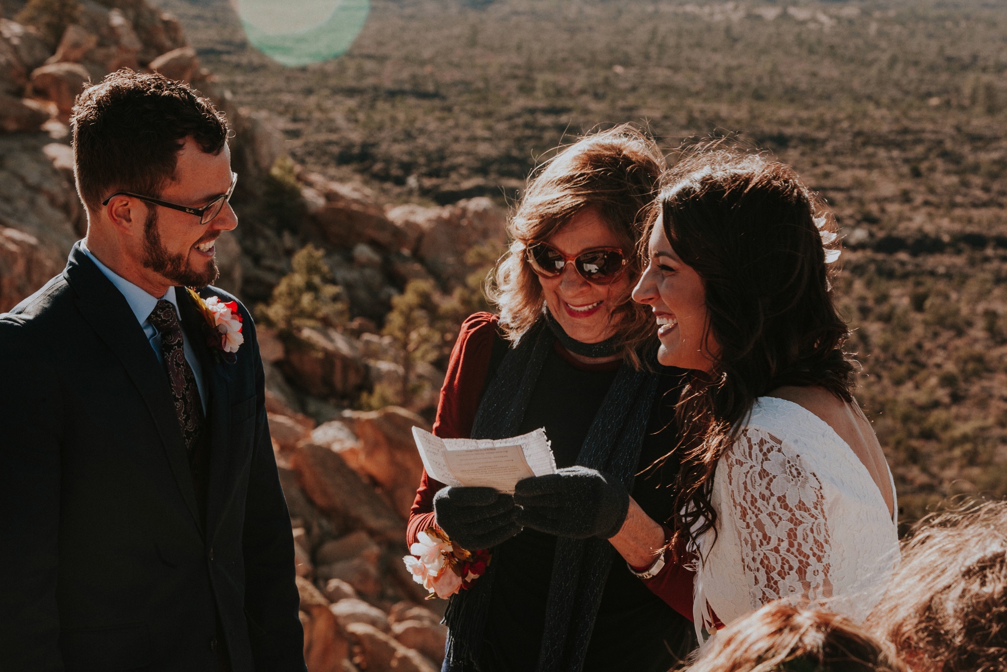  Jade and Alex eloped at the amazing and scenic El Malpais National Monument outside of Grants, New Mexico. It was a beautiful November day and the weather was crisp, fresh, and just a tad chilly, but it didn’t get in the way of their fabulous weddin