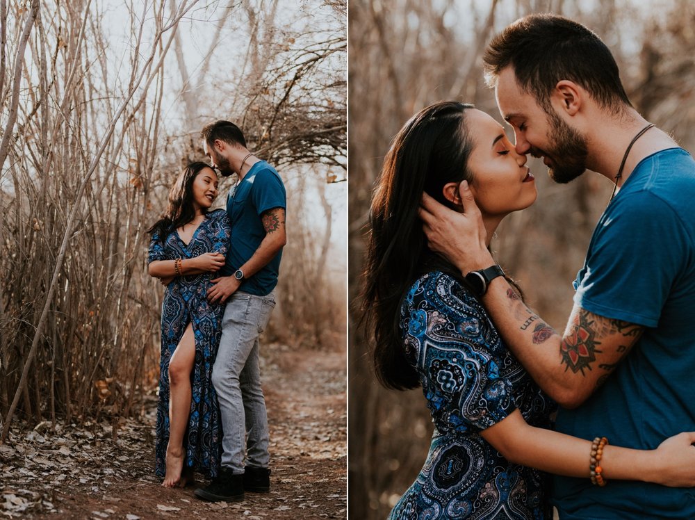  I loved working with Xamie and Nate on this incredible couples portrait session at the Alameda Bosque Open Space in Albuquerque, New Mexico. Our session started off with grey overcast skies that made for some moody portraits! Xamie’s blue dress and 
