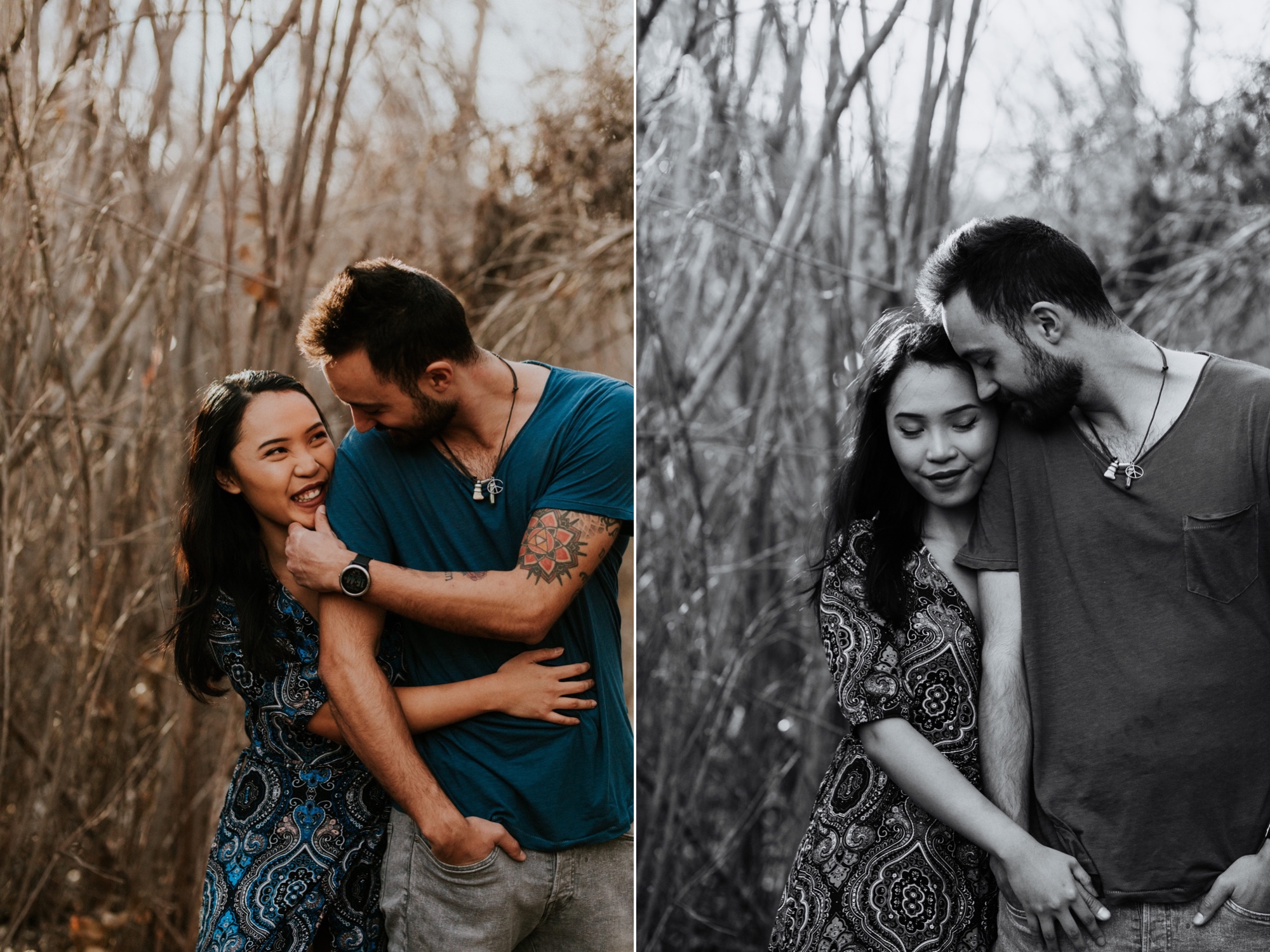  I loved working with Xamie and Nate on this incredible couples portrait session at the Alameda Bosque Open Space in Albuquerque, New Mexico. Our session started off with grey overcast skies that made for some moody portraits! Xamie’s blue dress and 