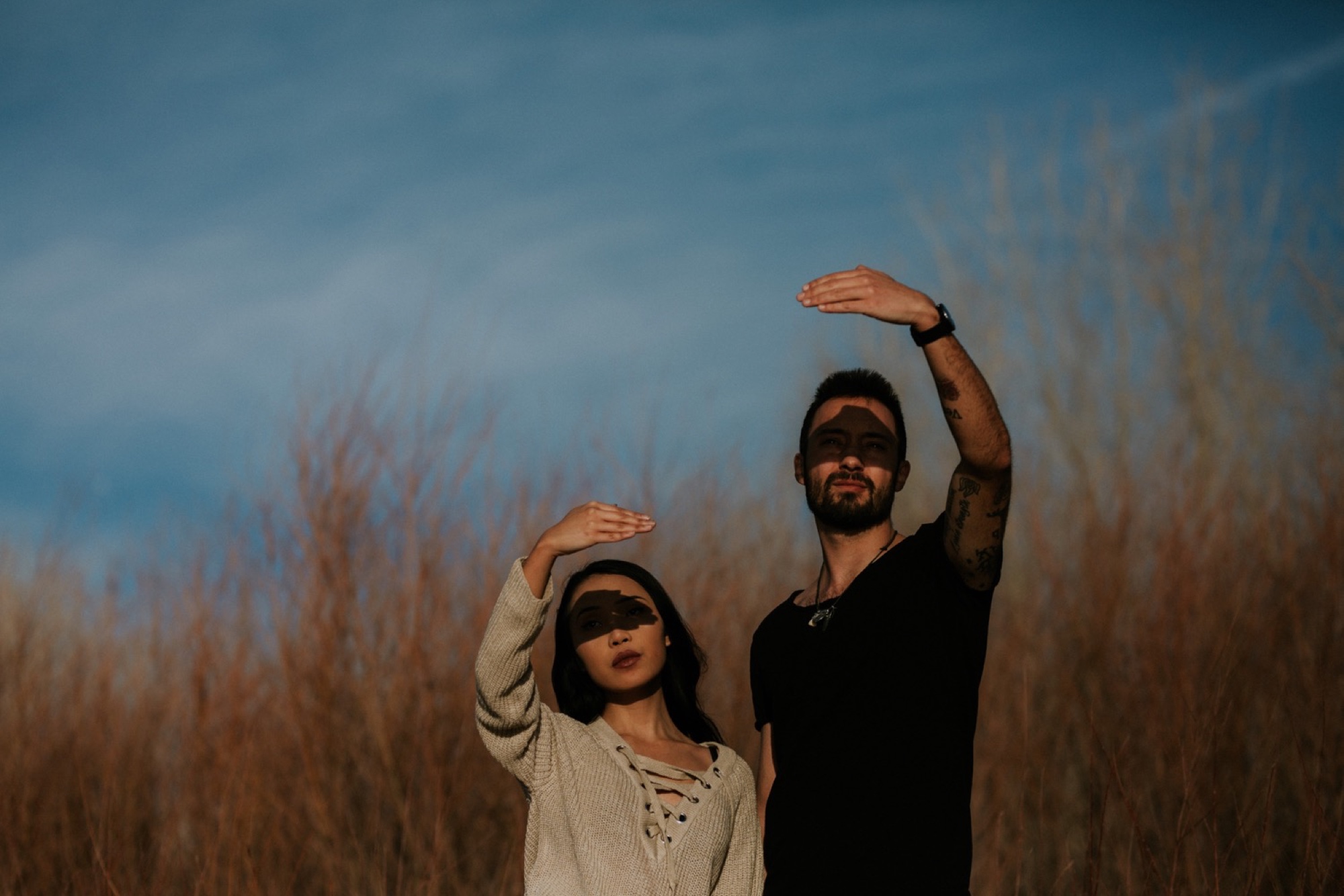  I loved working with Xamie and Nate on this incredible couples portrait session at the Alameda Bosque Open Space in Albuquerque, New Mexico. Our session started off with grey overcast skies that made for some moody portraits! Xamie and Nate’s outfit