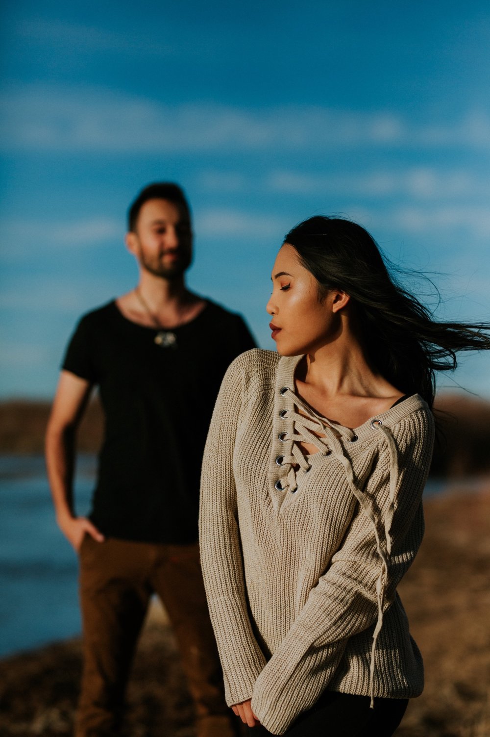  I loved working with Xamie and Nate on this incredible couples portrait session at the Alameda Bosque Open Space in Albuquerque, New Mexico. Our session started off with grey overcast skies that made for some moody portraits! Xamie and Nate’s outfit