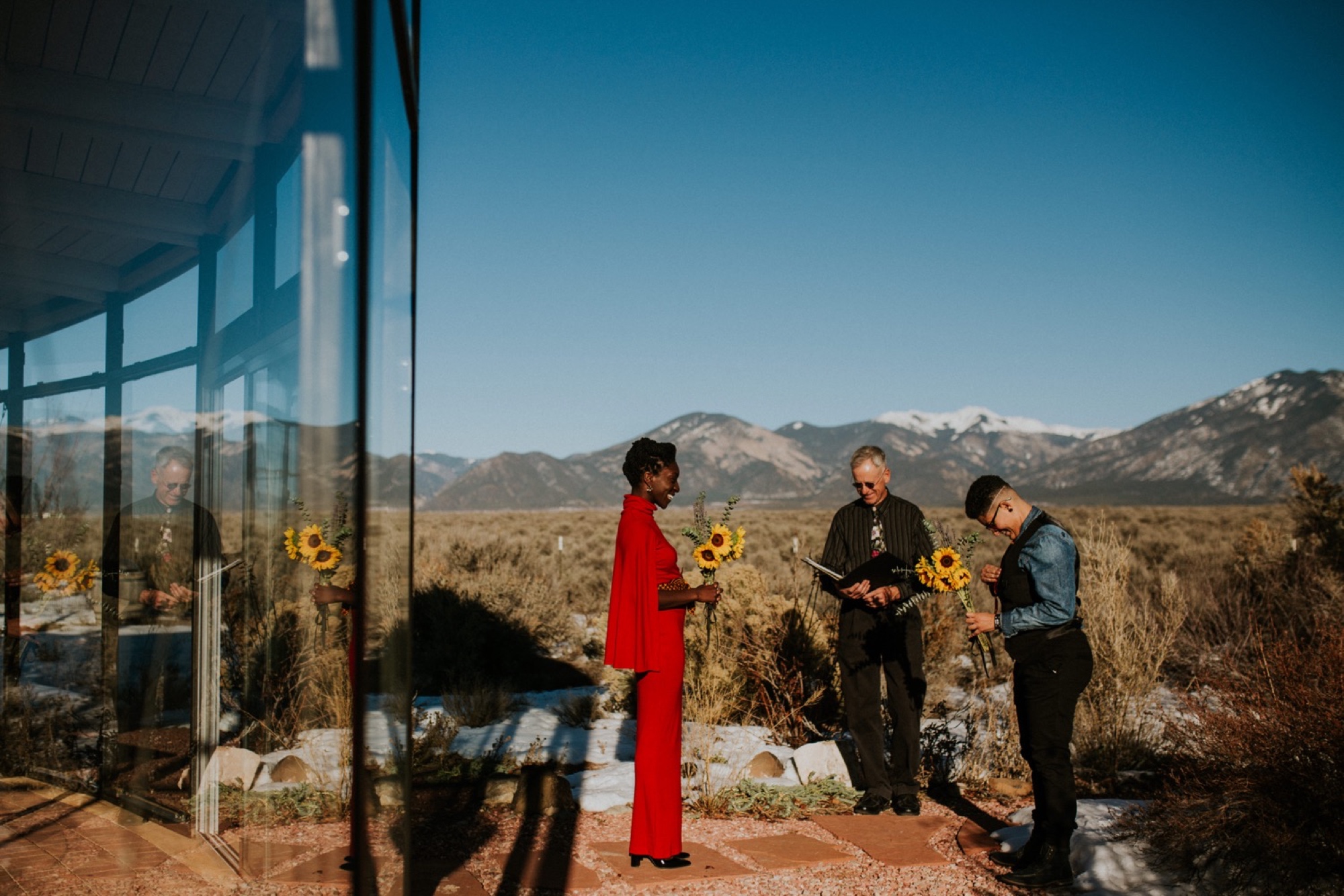  SO excited to share B + E’s gorgeous l winter elopement in Taos, New Mexico. Their outfits were a hodgepodge of things B + E already owned, homemade accessories, vintage hand me downs, and contemporary pieces they bought special for their big day. W