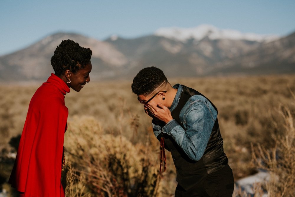  SO excited to share B + E’s gorgeous l winter elopement in Taos, New Mexico. Their outfits were a hodgepodge of things B + E already owned, homemade accessories, vintage hand me downs, and contemporary pieces they bought special for their big day. W