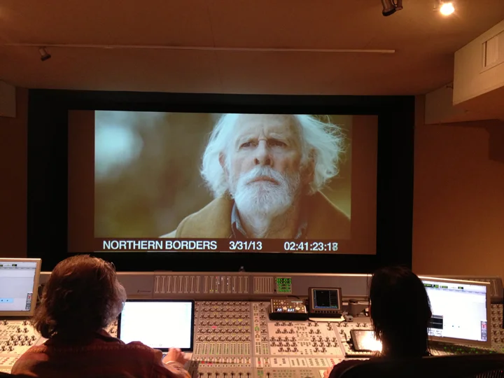 The film mix for Northern Borders at Sound Lounge, NYC. Director Jay Craven, left, Bruce Dern, on screen, and film mix engineer, Dan Timmons, right.