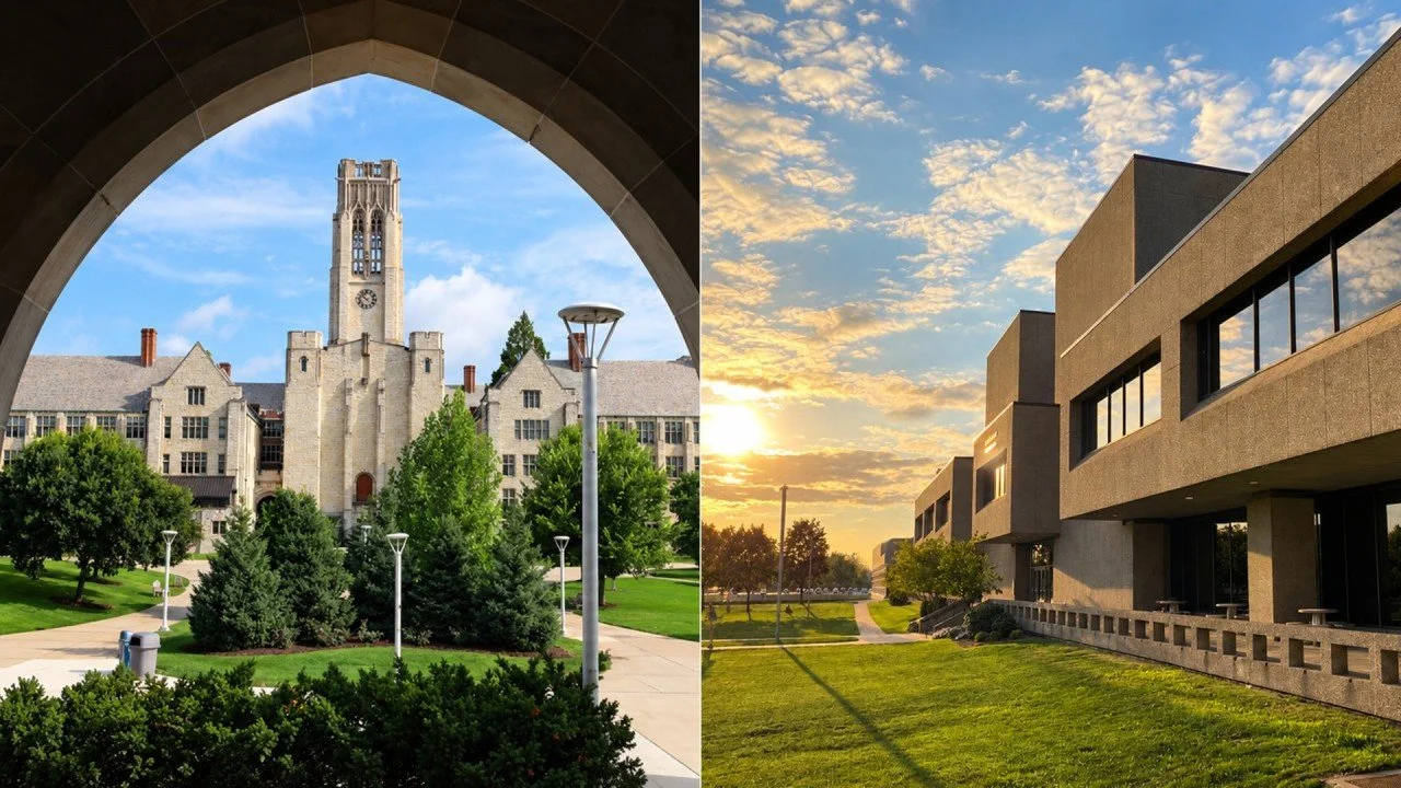 The University of Toledo's University Hall on the Main Campus and the Health Education Building on the Health Science Campus.